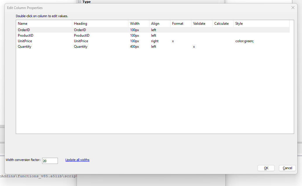 Spreadsheet Column Definitions Dialog